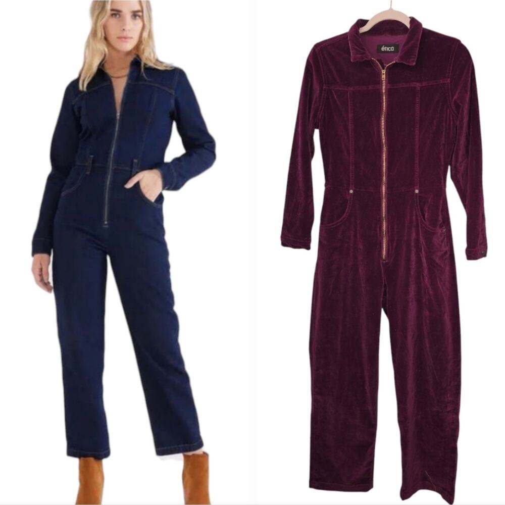 Etica Plum Purple Velvet Corduroy Zip Front Long Sleeve Utility Jumpsuit